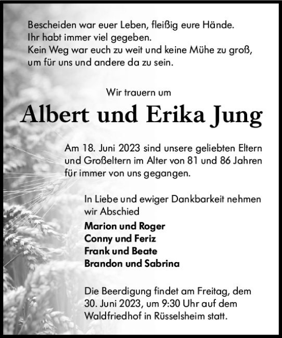 Traueranzeige von Erika Jung von Rüsselsheimer Echo