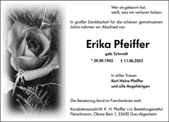 Traueranzeige von Erika Pfeiffer von Allgemeine Zeitung Bingen/Ingelheim