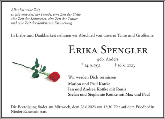 Traueranzeige von Erika Spengler von Darmstädter Echo