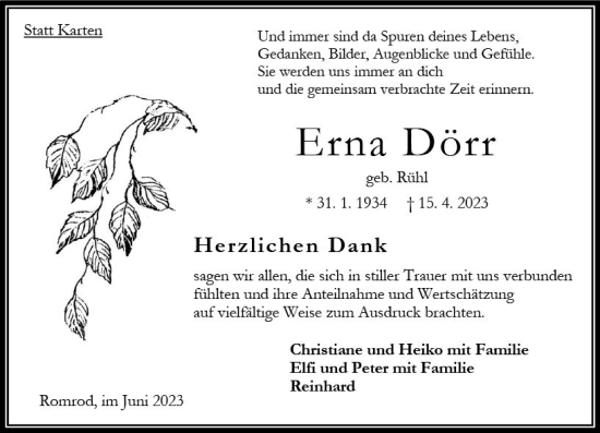 Traueranzeige von Erna Dörr von Oberhessen Kurier