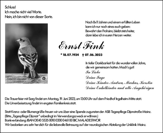 Traueranzeige von Ernst Fink von Allgemeine Zeitung Bingen/Ingelheim