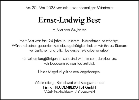 Traueranzeige von Ernst-Ludwig Best von Odenwälder Echo