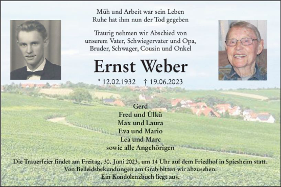 Traueranzeige von Ernst Weber von Allgemeine Zeitung Alzey
