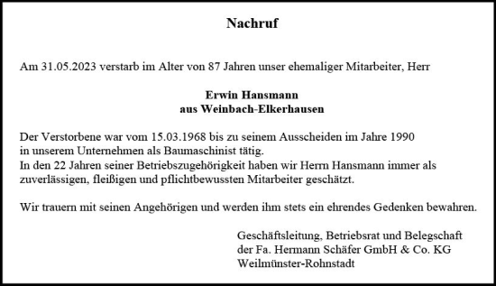 Traueranzeige von Erwin Hansmann von Weilburger Tageblatt