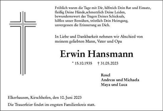 Traueranzeige von Erwin Hansmann von Weilburger Tageblatt