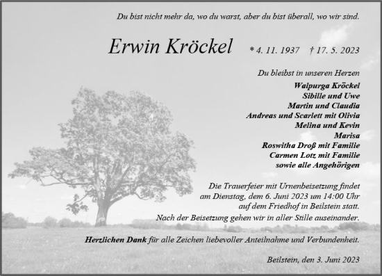 Traueranzeige von Erwin Kröckel von Dill Block