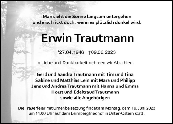 Traueranzeige von Erwin Trautmann von Odenwälder Echo