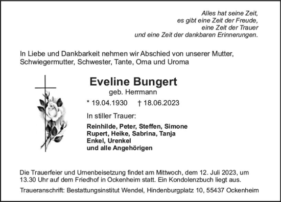 Traueranzeige von Eveline Bungert von Allgemeine Zeitung Bingen/Ingelheim