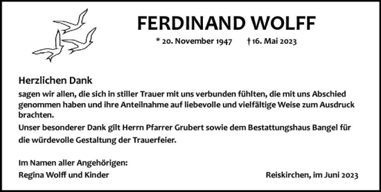 Traueranzeige von Ferdinand Wolff von Wetzlarer Neue Zeitung