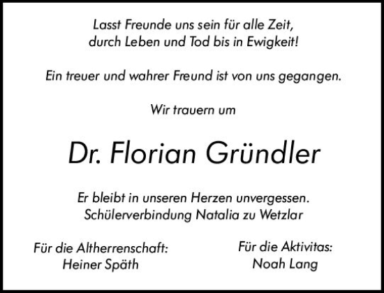 Traueranzeige von Florian Gründler von Wetzlarer Neue Zeitung