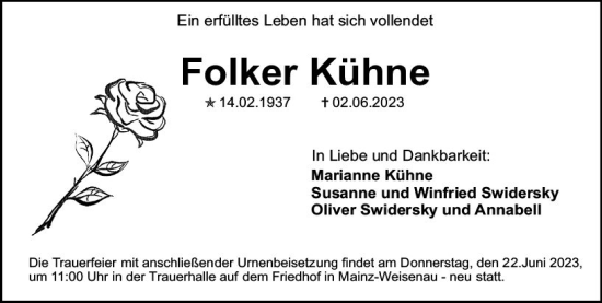 Traueranzeige von Folker Kühne von Allgemeine Zeitung Mainz