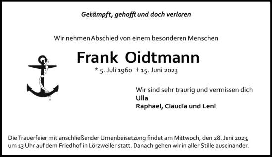 Traueranzeige von Frank Oidtmann von Allgemeine Zeitung Mainz