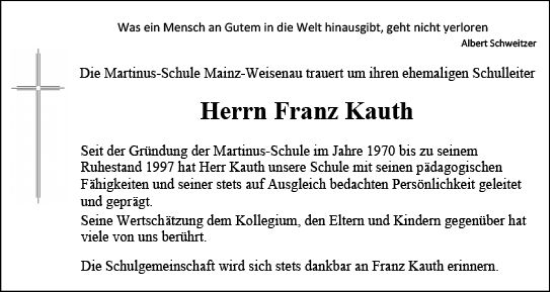 Traueranzeige von Franz Kauth von Allgemeine Zeitung Mainz