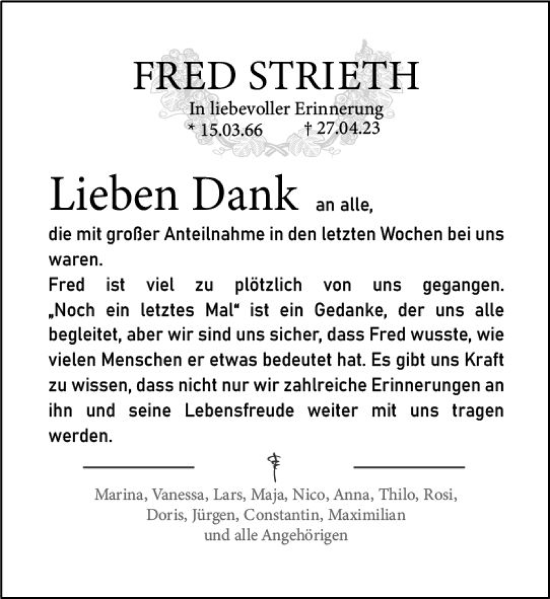 Traueranzeige von Fred Strieth von Wiesbadener Kurier