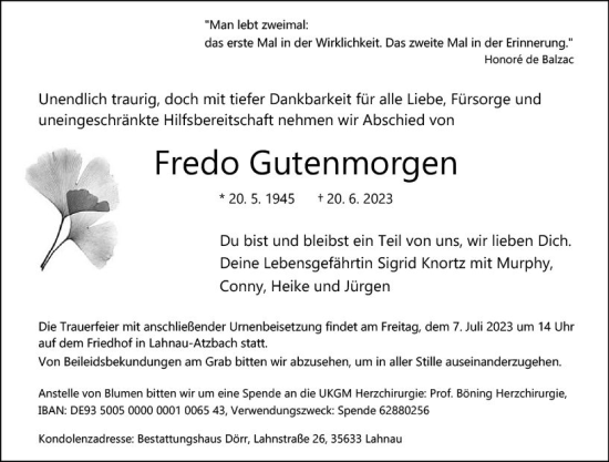 Traueranzeige von Fredo Gutenmorgen von Wetzlarer Neue Zeitung