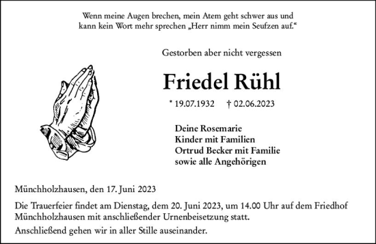 Traueranzeige von Friedel Kühl von Wetzlarer Neue Zeitung