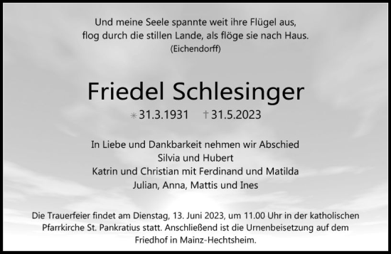 Traueranzeige von Friedel Schlesinger von Allgemeine Zeitung Mainz
