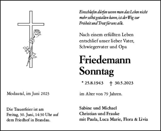 Traueranzeige von Friedemann Sonntag von Darmstädter Echo