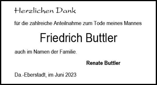 Traueranzeige von Friedrich Buttler von Darmstädter Echo