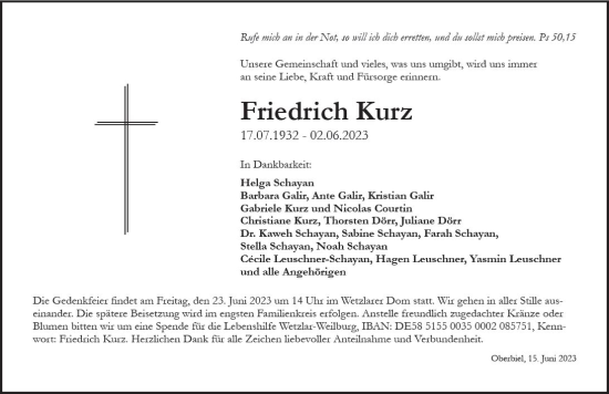 Traueranzeige von Friedrich Kurz von Wetzlarer Neue Zeitung