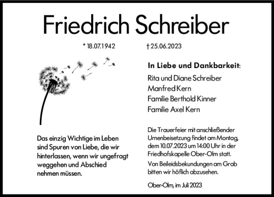 Traueranzeige von Friedrich Schreiber von Allgemeine Zeitung Mainz