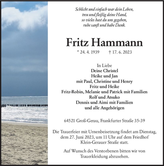Traueranzeige von Fritz Hammann von Groß-Gerauer Echo