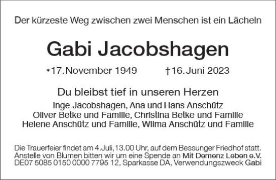 Traueranzeige von Gabi Jacobshagen von Darmstädter Echo