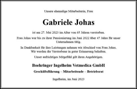 Traueranzeige von Gabriele Johas von Allgemeine Zeitung Bingen/Ingelheim