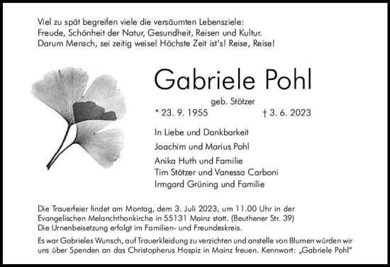 Traueranzeige von Gabriele Pohl von Allgemeine Zeitung Mainz