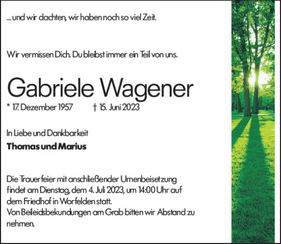 Traueranzeige von Gabriele Wagener von Groß-Gerauer Echo
