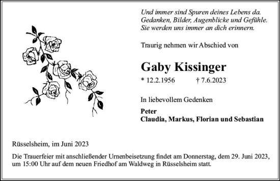 Traueranzeige von Gaby Kissinger von Rüsselsheimer Echo