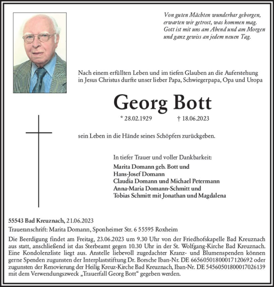 Traueranzeige von Georg Bott von Allgemeine Zeitung Bad Kreuznach