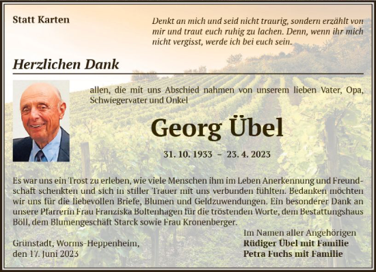 Traueranzeige von Georg Übel von Wormser Zeitung