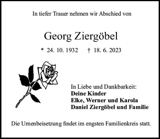 Traueranzeige von Georg Ziergöbel von Darmstädter Echo