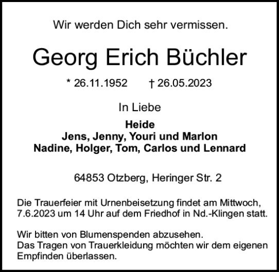 Traueranzeige von Georg Erich Büchler von Groß-Gerauer Echo
