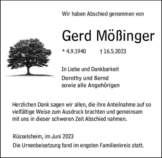 Traueranzeige von Gerd Mößinger von Rüsselsheimer Echo