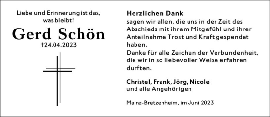 Traueranzeige von Gerd Schön von Allgemeine Zeitung Mainz