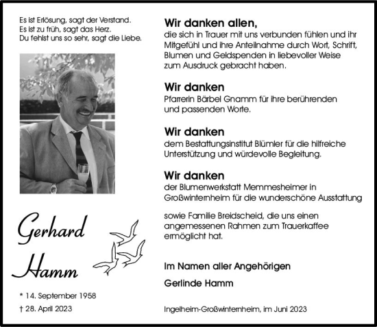 Traueranzeige von Gerhard Hamm von Allgemeine Zeitung Bingen/Ingelheim