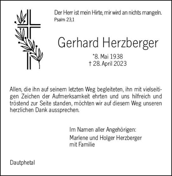 Traueranzeige von Gerhard Herzberger von Hinterländer Anzeiger