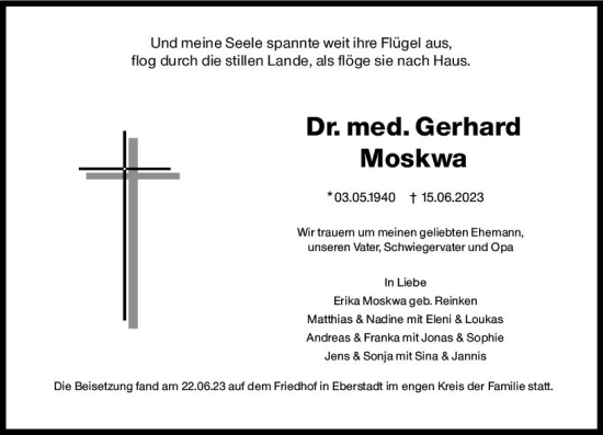 Traueranzeige von Gerhard Moskwa von Darmstädter Echo