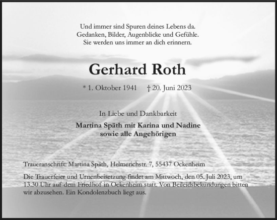 Traueranzeige von Gerhard Roth von Allgemeine Zeitung Bingen/Ingelheim