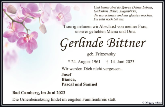 Traueranzeige von Gerlinde Bittner von Camberger Anzeiger