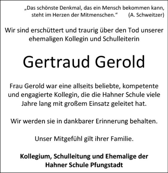 Traueranzeige von Gertraud Gerold von Darmstädter Echo