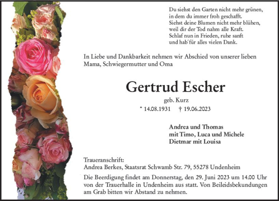 Traueranzeige von Gertrud Escher von Allgemeine Zeitung Mainz