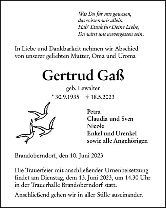 Traueranzeige von Gertrud Gaß von Wetzlarer Neue Zeitung
