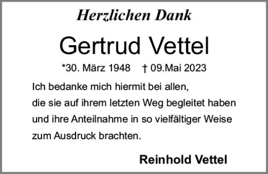 Traueranzeige von Gertrud Vettel von Starkenburger Echo