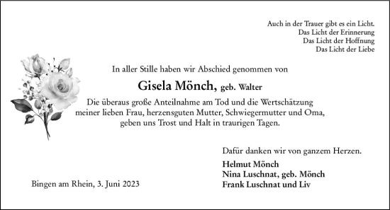 Traueranzeige von Gisela Mönch von Allgemeine Zeitung Bingen/Ingelheim