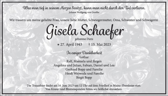 Traueranzeige von Gisela Schaefer von Allgemeine Zeitung Mainz Traueranzeige von Gisela Schaefer von Allgemeine Zeitung Mainz