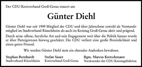 Traueranzeige von Günter Diehl von Rüsselsheimer Echo
