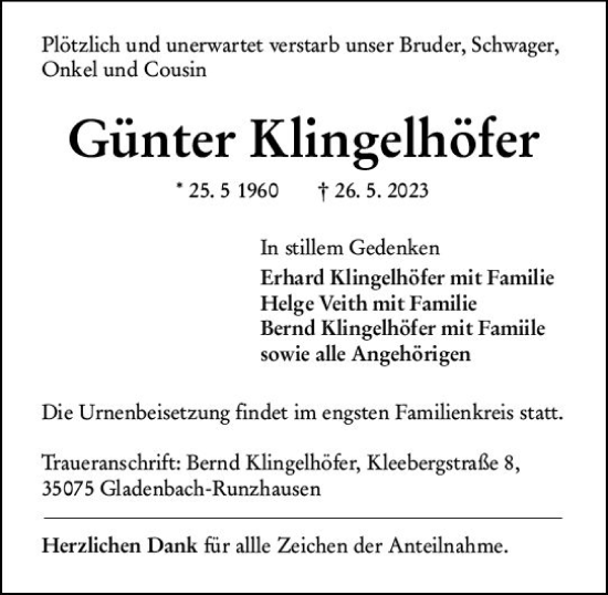 Traueranzeige von Günter Klingelhöfen von Hinterländer Anzeiger